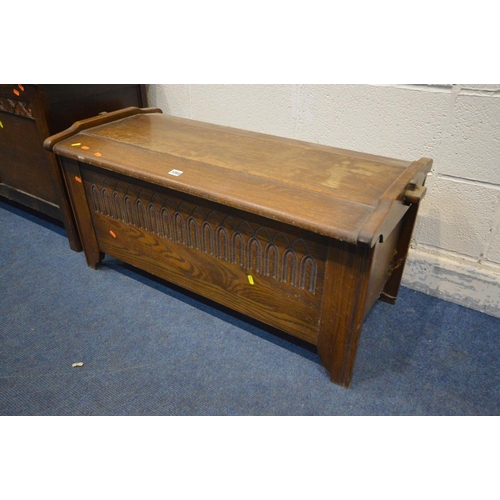 1204 - AN OAK BLANKET CHEST, width 104cm x depth 48cm x height 49cm together with another oak blanket chest... 