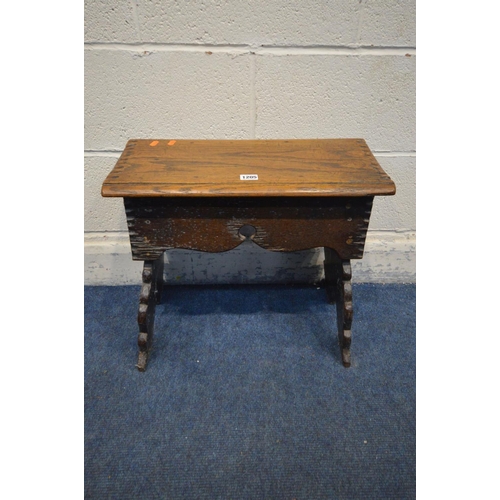 1205 - A GEORGIAN BOARDED OAK STOOL, a single plank top to twin shaped supports, width 51cm x depth 30cm x ... 