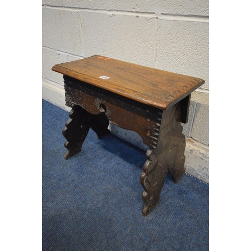 1205 - A GEORGIAN BOARDED OAK STOOL, a single plank top to twin shaped supports, width 51cm x depth 30cm x ... 