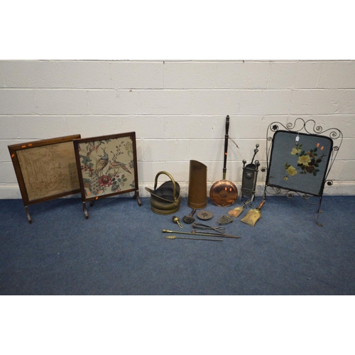 1211 - A COLLECTION OF METALWARE to include a wrought iron mirrored fire screen (Sd)  metal companion set, ... 