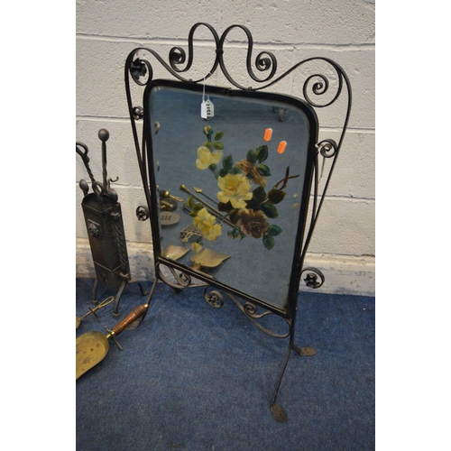 1211 - A COLLECTION OF METALWARE to include a wrought iron mirrored fire screen (Sd)  metal companion set, ... 