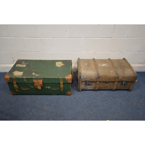 1216 - A VINTAGE GREEN FINISH HEWSON AND HUTCHINSON TRAVELING TRUNK, and a another trunk, both with travel ... 