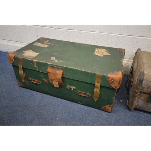 1216 - A VINTAGE GREEN FINISH HEWSON AND HUTCHINSON TRAVELING TRUNK, and a another trunk, both with travel ... 