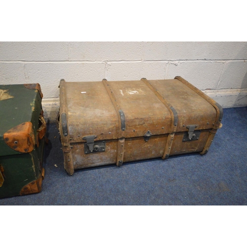 1216 - A VINTAGE GREEN FINISH HEWSON AND HUTCHINSON TRAVELING TRUNK, and a another trunk, both with travel ... 