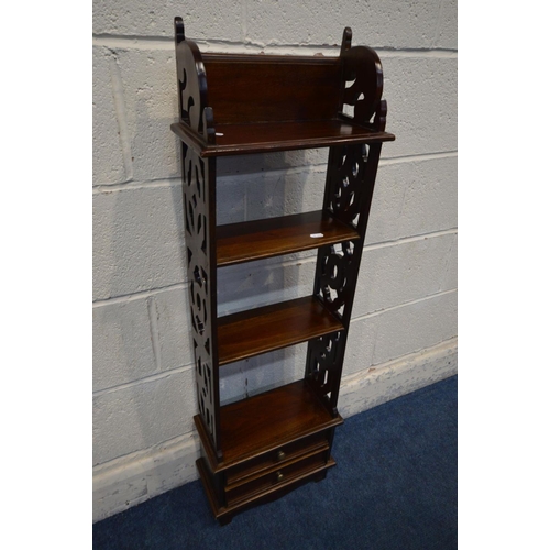 1226 - A SLIM HARDWOOD OPEN BOOKCASE with two drawers, width 35cm x depth 16cm x height 111cm