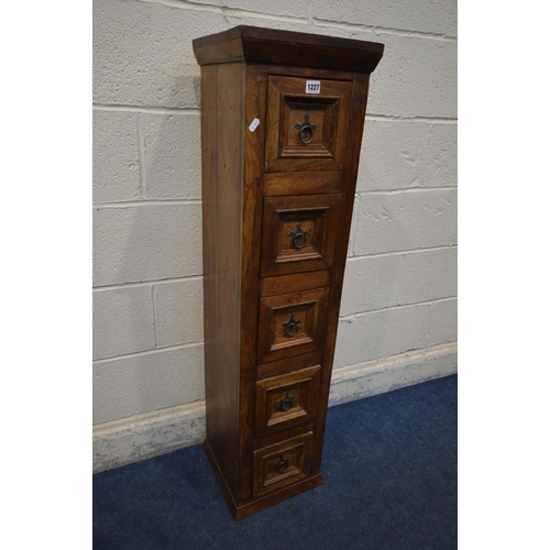 1227 - A SLIM HARDWOOD CHEST OF FIVE DRAWERS, width 31cm x depth 30cm x height 122cm