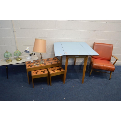 1419 - A MID 20TH CENTURY BEECH OPEN ARMCHAIR with red leatherette upholstery, along with a Remploy Formica... 