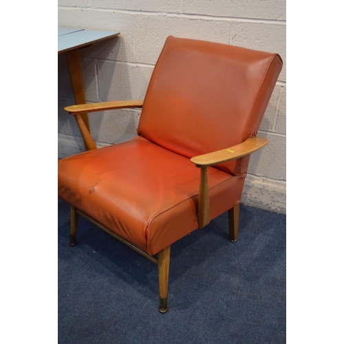 1419 - A MID 20TH CENTURY BEECH OPEN ARMCHAIR with red leatherette upholstery, along with a Remploy Formica... 