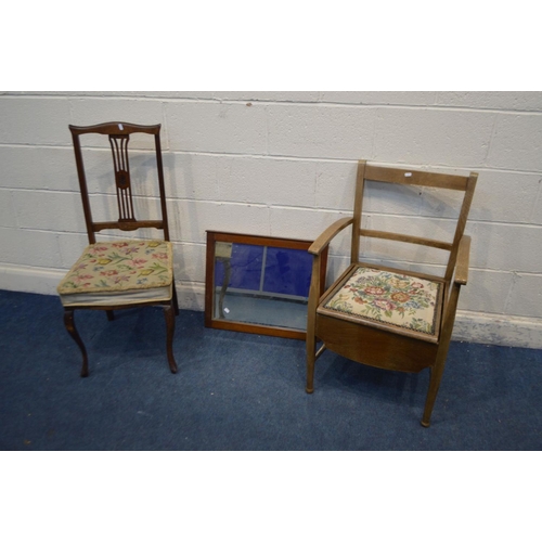 1420 - A MAHOGANY SPLAT BACK CHAIR, a beech commode armchair and a mahogany wall mirror (3)