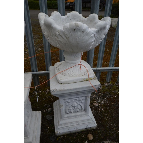 901 - A PAIR OF COMPOSITE ACANTHUS GARDEN URNS, later painted white, on a separate plinth, diameter 43cm x... 