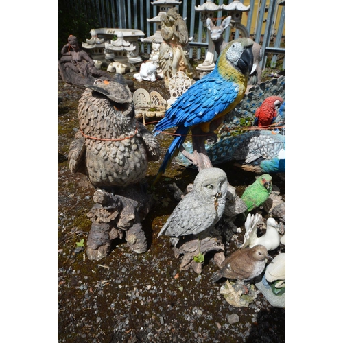 918 - A LARGE COLLECTION OF PLASTIC GARDEN ORNAMENTS OF VARIOUS BIRDS, to include parrots, peacock, owls, ... 