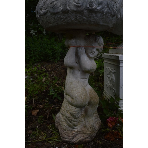 926 - A PAIR OF GARDEN URN, on a putto supports, one later painted white, height 68cm along with a circula... 