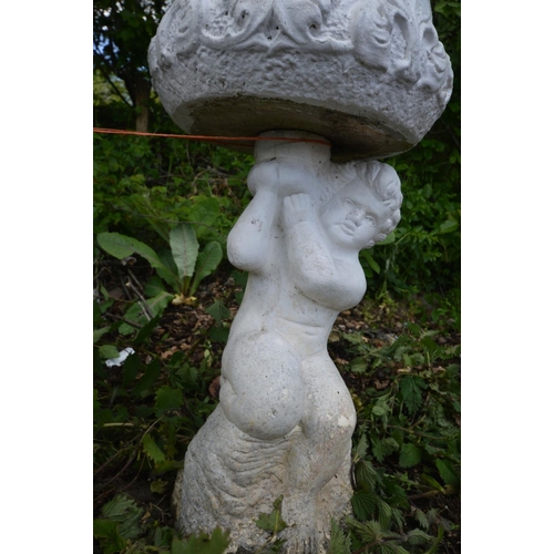 926 - A PAIR OF GARDEN URN, on a putto supports, one later painted white, height 68cm along with a circula... 