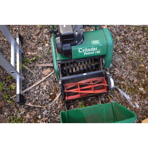 937 - SUFFOLK PUNCH 14S PETROL 14INCH CYLINDER LAWNMOWER, with scarifier attachment and grass box