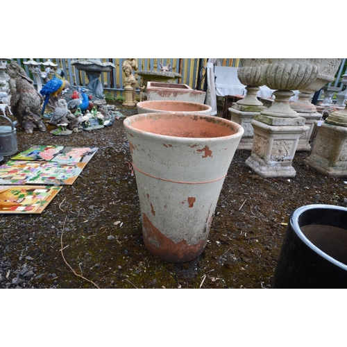 945 - A PAIR OF TAPERED CYLINDRICAL TERRACOTTA PLANTERS, stamped to side 'Yorkshire flowerpots', outer sid... 