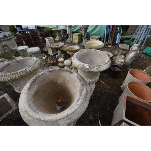 947 - A PAIR OF LARGE COMPOSITE CAMPANA URNS, on separate matched plinths with Art Nouveau decoration, lat... 