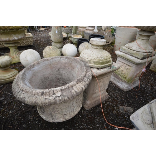 948 - A PAIR OF LARGE COMPOSITE FOLIATE DECORATED URNS with , on separate matched plinths with Art Nouveau... 