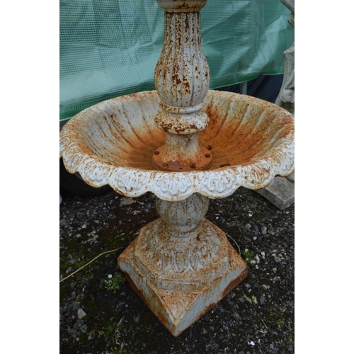 961 - A CAST IRON GRADUATED TWO TIER WATER FEACHURE, later painted white and rusted, on a square base larg... 