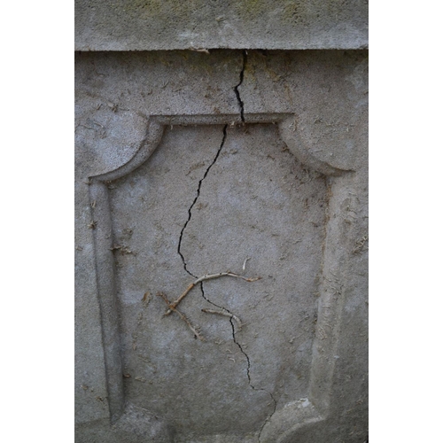 971 - A PAIR OF COMPOSITE GARDEN PLANTERS with acanthus leaf detail, on a tall matched plinth, diameter 46... 