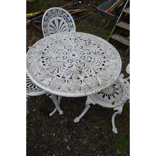 991 - AN ALUMIUM WHITE PAINTED CIRCULAR GARDEN TABLE, diameter 82cm x height 65cm and three chairs (4)