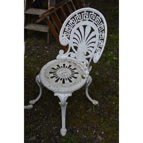 991 - AN ALUMIUM WHITE PAINTED CIRCULAR GARDEN TABLE, diameter 82cm x height 65cm and three chairs (4)