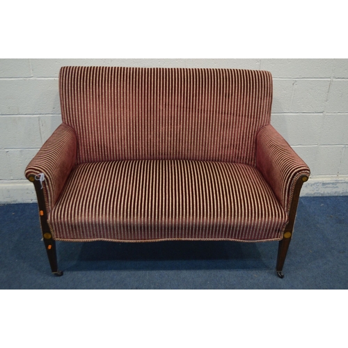 1199 - AN EDWARDIAN SOFA, on mahogany and inlaid square tapering legs, shaped back legs, reupholstered in s... 