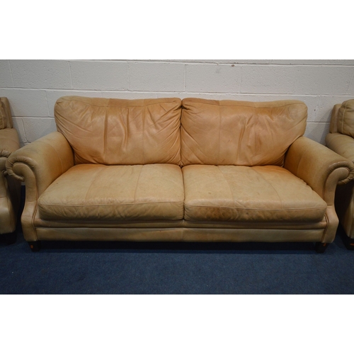 1200 - A BROWN LEATHER FOUR PIECE LOUNGE SUITE comprising a settee, width 200cm x seat width 159cm x depth ... 