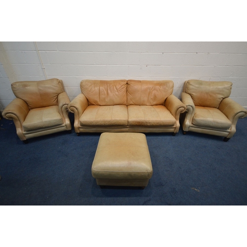 1200 - A BROWN LEATHER FOUR PIECE LOUNGE SUITE comprising a settee, width 200cm x seat width 159cm x depth ... 