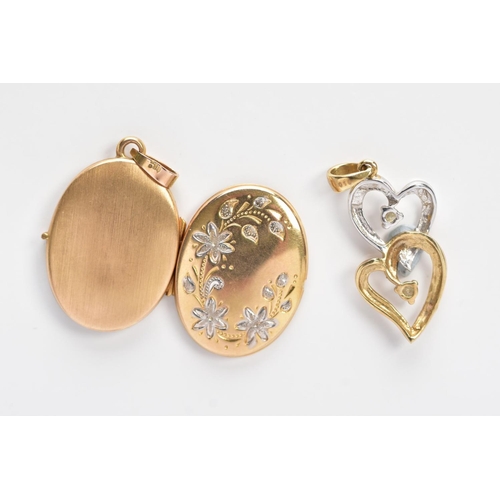 101 - TWO 9CT GOLD PENDANTS, the first an oval locket with floral decoration, the second a bi-colour inter... 