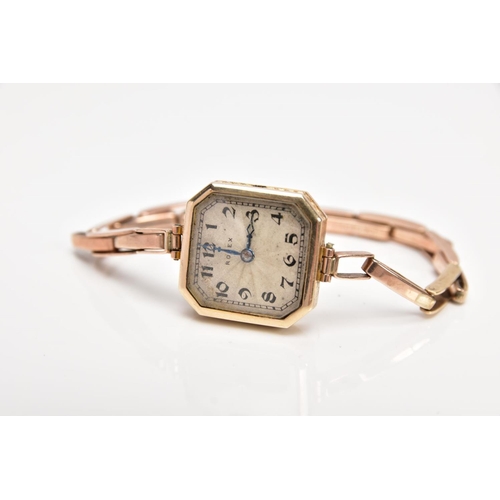 106 - A LADIES 9CT GOLD 'ROLEX' WRISTWATCH, square engine turn dial signed 'Rolex', Arabic numerals, blue ... 