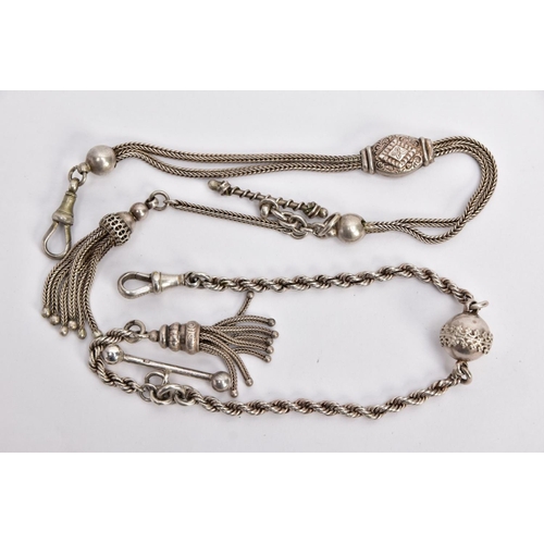 108 - TWO WHITE METAL ALBERTINAS, the first of a rope twist and ball design, fitted with a lobster hook cl... 