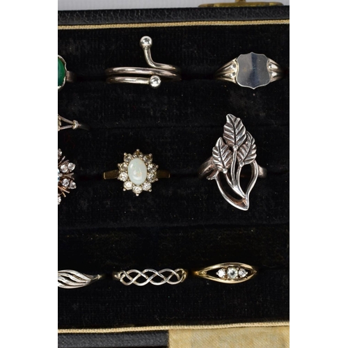 109 - A RING BOX WITH SILVER AND WHITE METAL RINGS, to include twenty rings in total, such as a silver gil... 