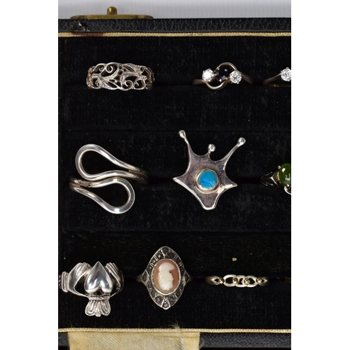 109 - A RING BOX WITH SILVER AND WHITE METAL RINGS, to include twenty rings in total, such as a silver gil... 