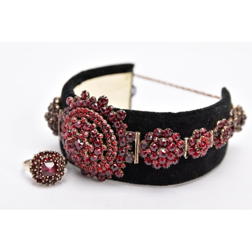 110 - A VICTORIAN GARNET CLUSTER BRACELET AND A GARNET CLUSTER RING, the gold plated bracelet designed wit... 