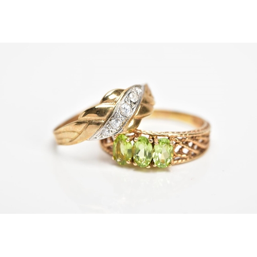 112 - TWO 9CT GOLD GEM SET RINGS, the first designed with three oval cut, claw set peridots, rope twist op... 