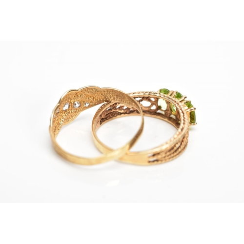 112 - TWO 9CT GOLD GEM SET RINGS, the first designed with three oval cut, claw set peridots, rope twist op... 