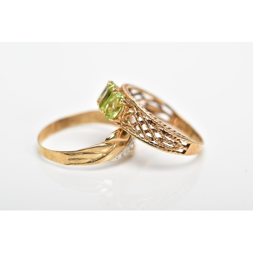 112 - TWO 9CT GOLD GEM SET RINGS, the first designed with three oval cut, claw set peridots, rope twist op... 