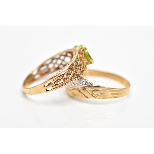 112 - TWO 9CT GOLD GEM SET RINGS, the first designed with three oval cut, claw set peridots, rope twist op... 