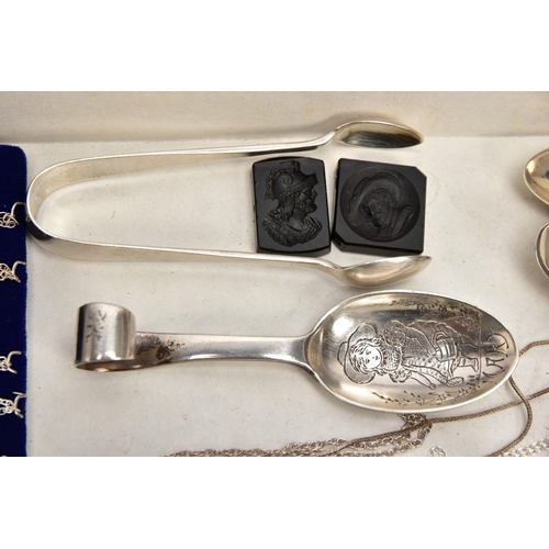 114 - A TRAY OF ASSORTED SILVER AND WHITE METAL ITEMS, to include a child's silver spoon, engraved nursery... 