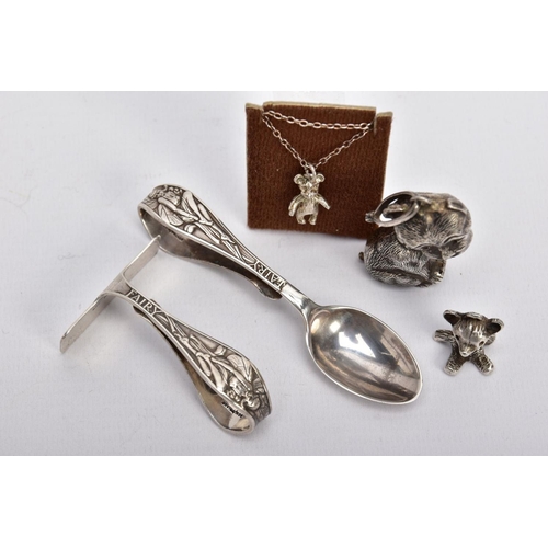 115 - SILVER RATTLE, BABY FEEDER, PENDANT AND PENDANT NECKLACE, the AF rattle in the form of Bonzo the dog... 