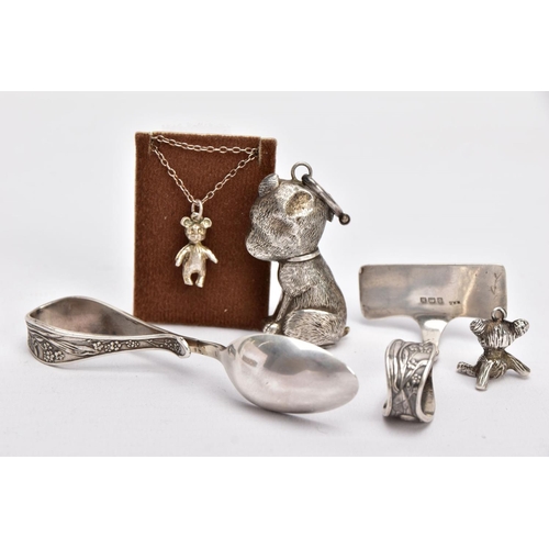 115 - SILVER RATTLE, BABY FEEDER, PENDANT AND PENDANT NECKLACE, the AF rattle in the form of Bonzo the dog... 