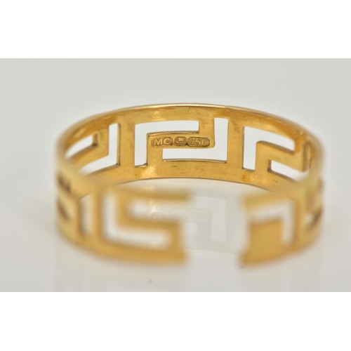 12 - AN 18CT GOLD 'GREEK KEY' RING, plain polished design, split shank, with Cypriot 18ct gold hallmark, ... 