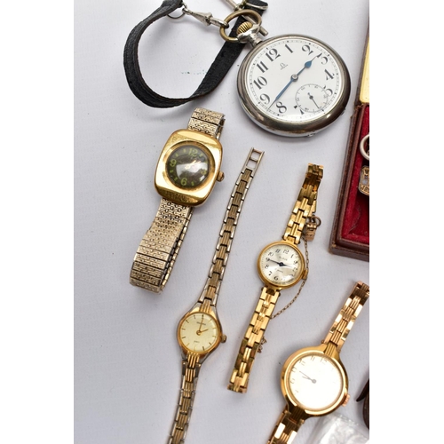 125 - A BOX OF ASSORTED WRISTWATCHES AND POCKET WATCHES, to include a cushioned shaped gold-plated 'Slava'... 