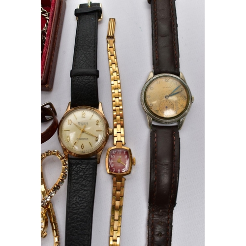 125 - A BOX OF ASSORTED WRISTWATCHES AND POCKET WATCHES, to include a cushioned shaped gold-plated 'Slava'... 