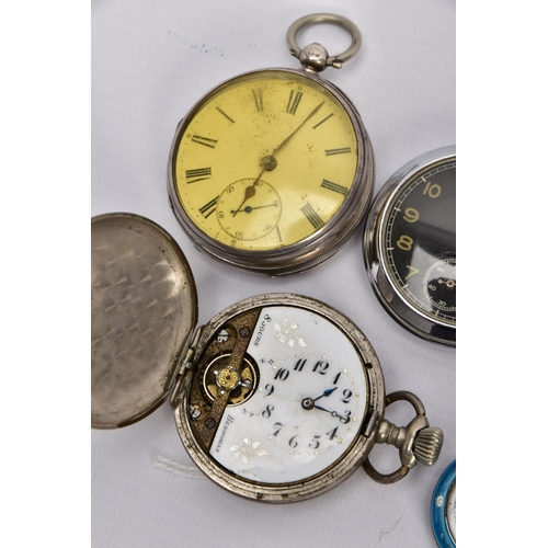 130 - A SELECTION OF POCKET WATCHES, six in total, to include a silver open faced pocket watch, white dial... 