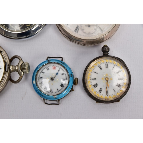 130 - A SELECTION OF POCKET WATCHES, six in total, to include a silver open faced pocket watch, white dial... 