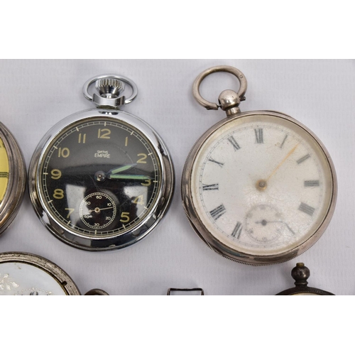 130 - A SELECTION OF POCKET WATCHES, six in total, to include a silver open faced pocket watch, white dial... 