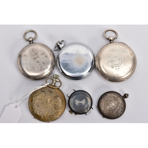 130 - A SELECTION OF POCKET WATCHES, six in total, to include a silver open faced pocket watch, white dial... 