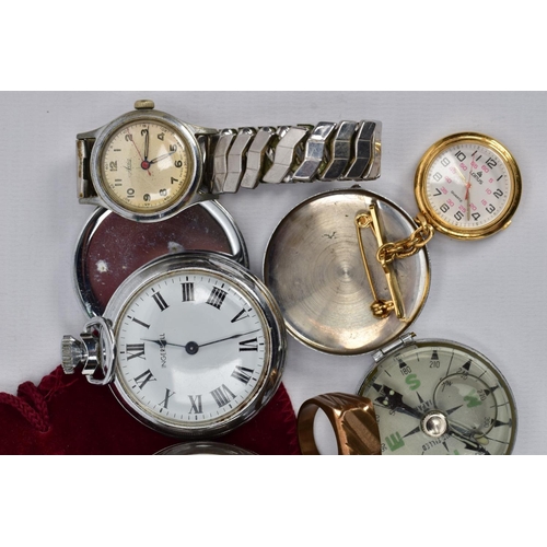 133 - A SELECTION OF POCKET WATCHES, WRISTWATCHES, A COMPASS AND RING, to include a silver open face pocke... 