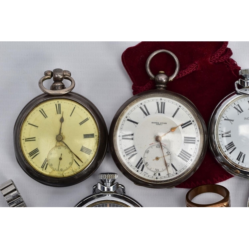 133 - A SELECTION OF POCKET WATCHES, WRISTWATCHES, A COMPASS AND RING, to include a silver open face pocke... 